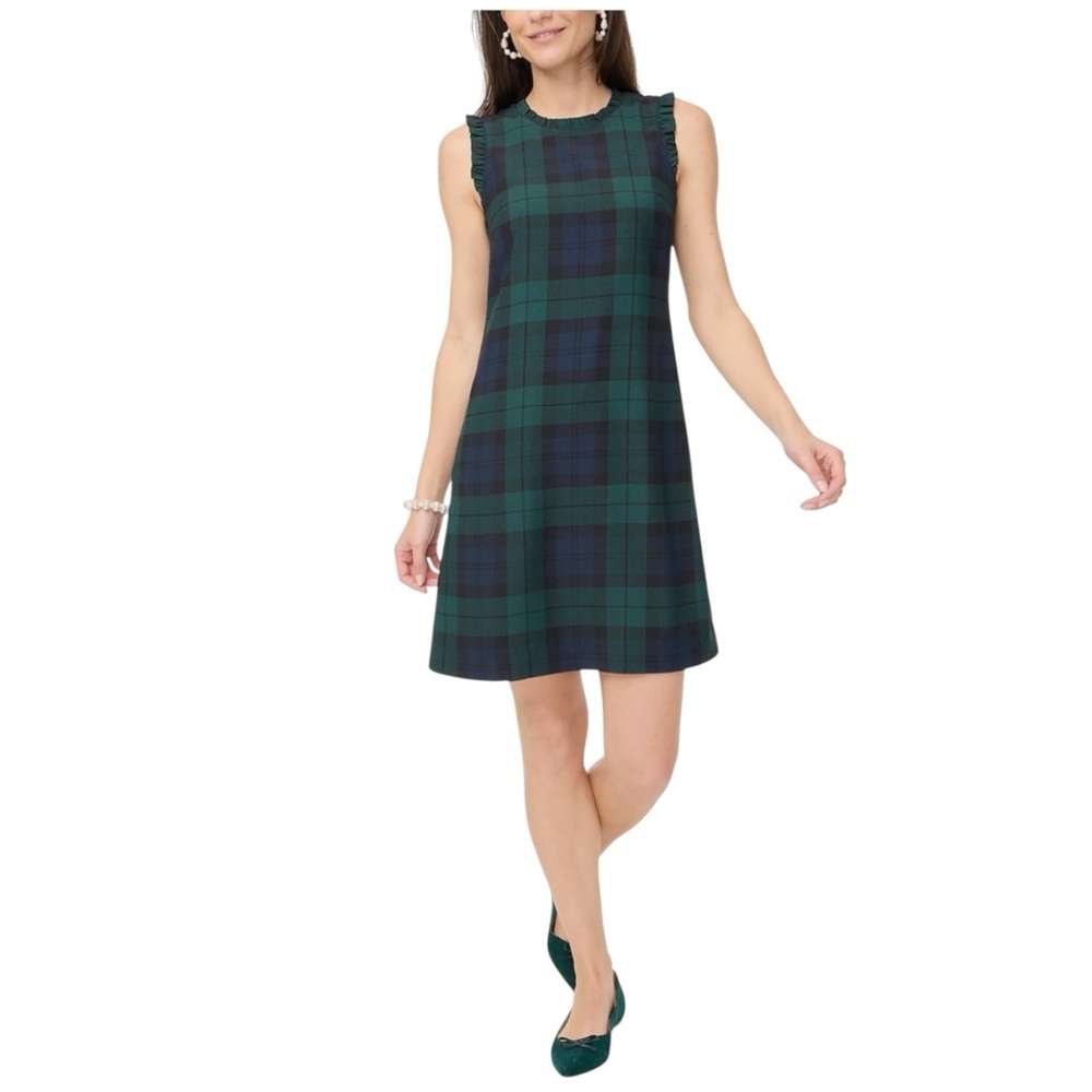 J Crew Plaid Sleeveless Dress Tartan Pattern Green and Blue Ruffle Neck 14 - Picture 2 of 3